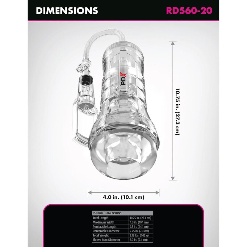 PDX ELITE - VIEWTUBE VAC XXL MANGE TRANSPARENTE AVEC POMPE D'ASPIRATION 27,3 CM