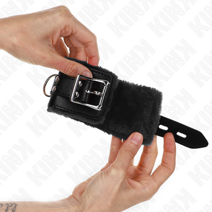 KINK - APPUI-POIGNETS DOUBLÉS DE FOURRURE NOIR AVEC CEINTURE NOIRE RÉGLABLE 17-29 CM X 6 CM