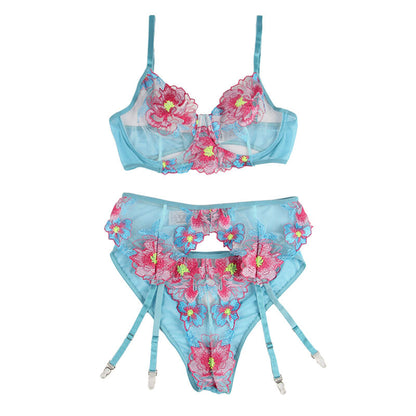 SUBBLIME - 954116 SOUTIEN-GORGE + CULOTTE AVEC PORTE-JARRETELLES MOTIF FLORAL BLEU L/XL