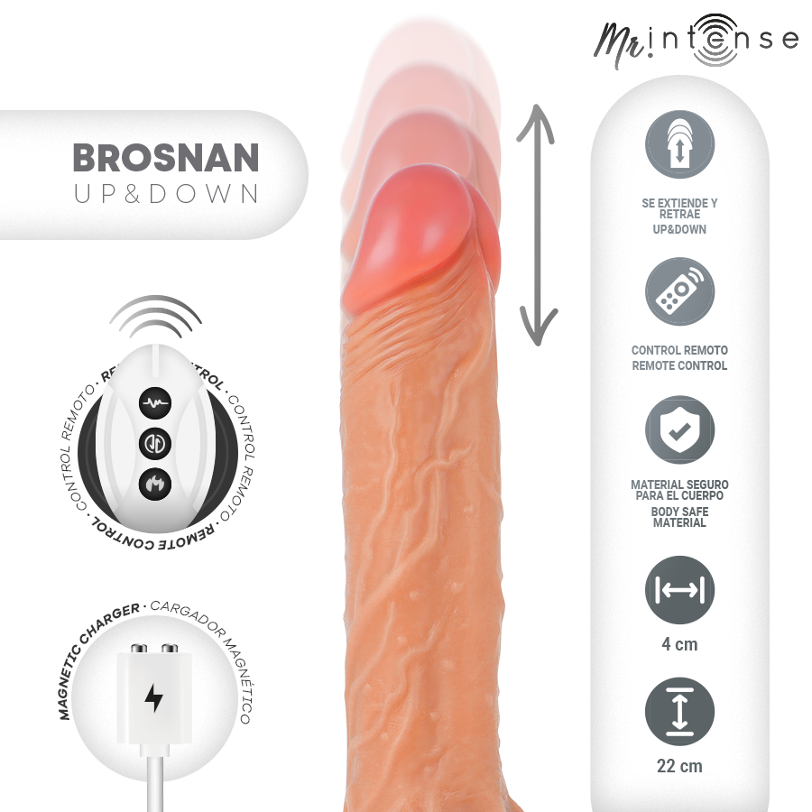 MR INTENSE - BROSNAN RÉALISTE MULTIFONCTIONNEL AVEC VIBRATION, TÉLÉCOMMANDE HAUT/BAS, 22 CM - OU - 4 CM