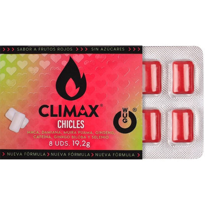 WUG Climax - Chewing-gum fonctionnel à base de maca, de damiana et de ginseng pour stimuler le désir et la vitalité intime. Plaquette thermoformée de 8 unités.