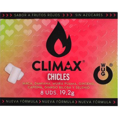 WUG Climax - Chewing-gum fonctionnel à base de maca, de damiana et de ginseng pour stimuler le désir et la vitalité intime. Plaquette thermoformée de 8 unités.