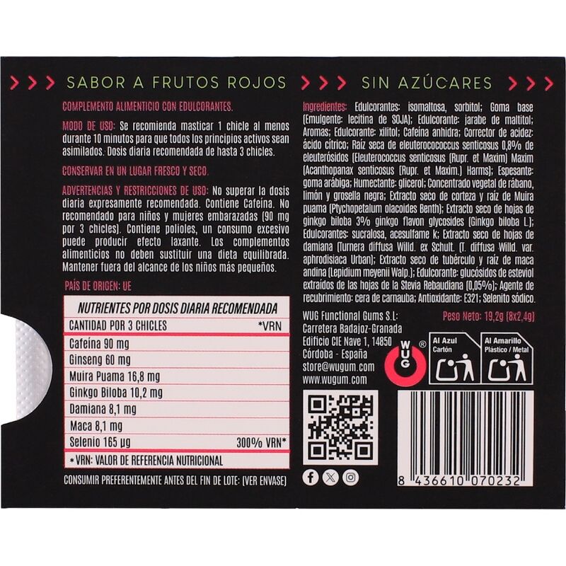 WUG Climax - Chewing-gum fonctionnel à base de maca, de damiana et de ginseng pour stimuler le désir et la vitalité intime. Plaquette thermoformée de 8 unités.