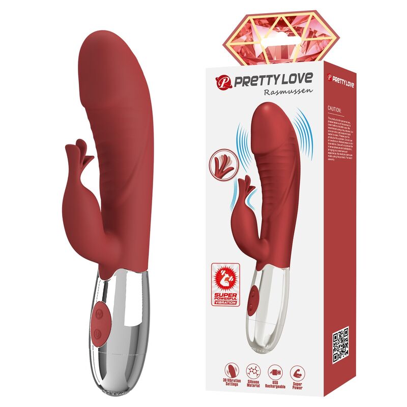 PRETTY LOVE - VIBRATEUR LAPIN EN PLANTES DE ROSE 30 FONCTIONS RECHARGEABLE USB ROUGE