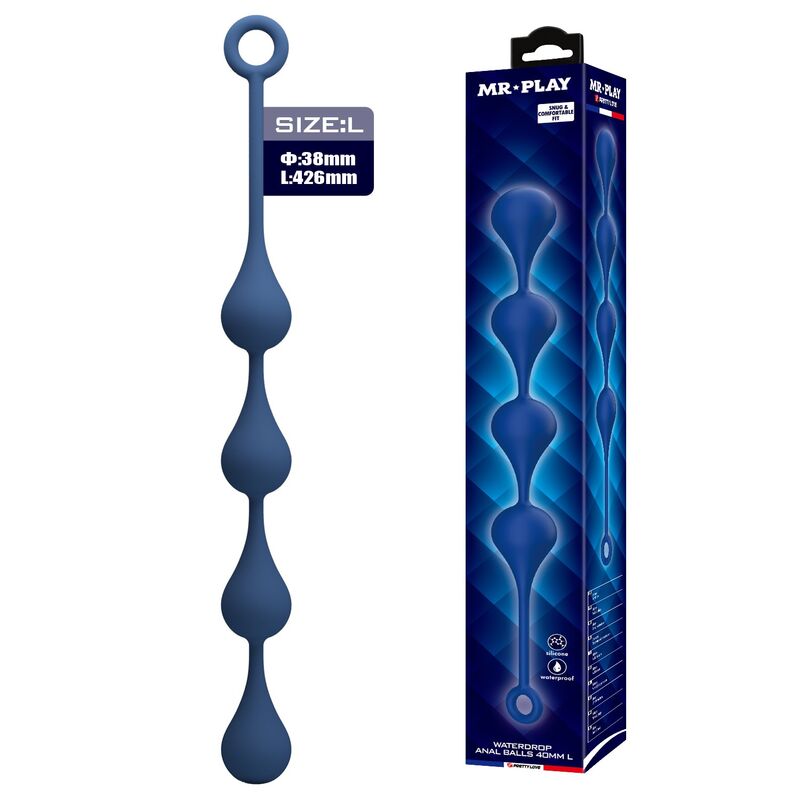 MR PLAY - PERLES ANALES EN SILICONE BLEU, TAILLE L (42,6 CM)