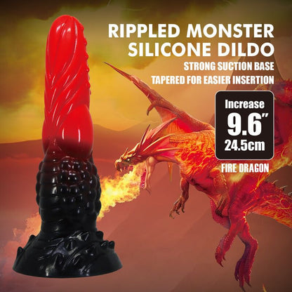 POWER MONSTERS - GODEMICHÉ FANTAISIE DRAGON DE FEU AVEC VENTOUSE 24,5 CM Ø 5,8 CM ROUGE ET NOIR