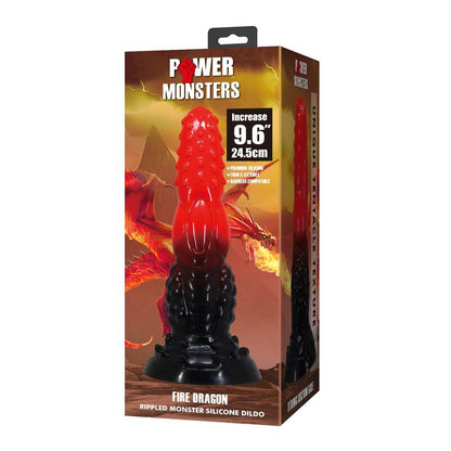 POWER MONSTERS - GODEMICHÉ FANTAISIE DRAGON DE FEU AVEC VENTOUSE 24,5 CM Ø 5,8 CM ROUGE ET NOIR