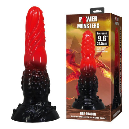 POWER MONSTERS - GODEMICHÉ FANTAISIE DRAGON DE FEU AVEC VENTOUSE 24,5 CM Ø 5,8 CM ROUGE ET NOIR