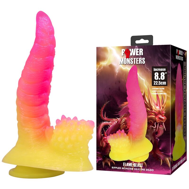 POWER MONSTERS - GODEMICHET MONSTRE ONDULÉ FANTASY AVEC VENTOUSE 22,5 CM Ø 5,5 CM ROSE ET JAUNE