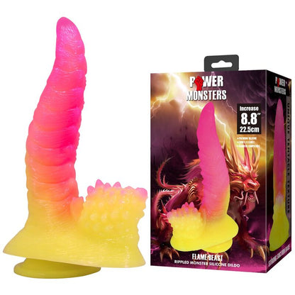 POWER MONSTERS - GODEMICHET MONSTRE ONDULÉ FANTASY AVEC VENTOUSE 22,5 CM Ø 5,5 CM ROSE ET JAUNE