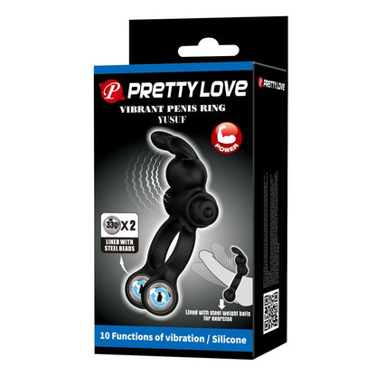 PRETTY LOVE - ANNEAU VIBRANT POUR PÉNIS AVEC STIMULATEUR LAPIN, 10 FONCTIONS, NOIR