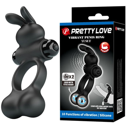 PRETTY LOVE - ANNEAU VIBRANT POUR PÉNIS AVEC STIMULATEUR LAPIN, 10 FONCTIONS, NOIR