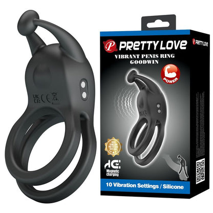 PRETTY LOVE - ANNEAU PÉNIS DOUBLE VIBRANT RECHARGEABLE GOODWIN NOIR