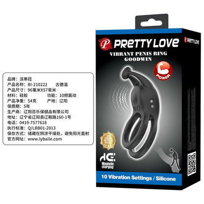 PRETTY LOVE - ANNEAU PÉNIS DOUBLE VIBRANT RECHARGEABLE GOODWIN NOIR