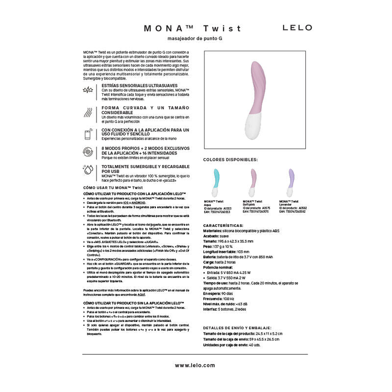 LELO - MONA TWIST VIBRATEUR POINT G RECHARGEABLE CONTRÔLÉ PAR APPLICATION LAVANDE