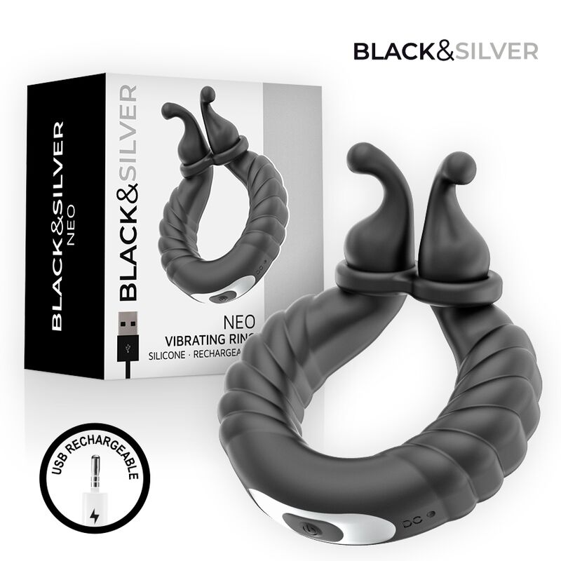BLACK &amp; SILVER - ANNEAU VIBRANT RECHARGEABLE POUR COUPLES NEO NOIR