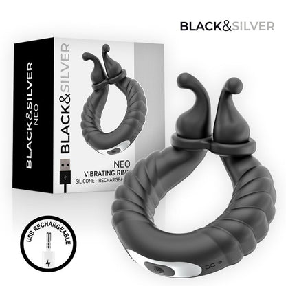 BLACK &amp; SILVER - ANNEAU VIBRANT RECHARGEABLE POUR COUPLES NEO NOIR
