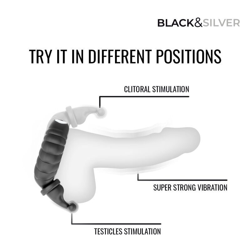 BLACK &amp; SILVER - ANNEAU VIBRANT RECHARGEABLE POUR COUPLES NEO NOIR