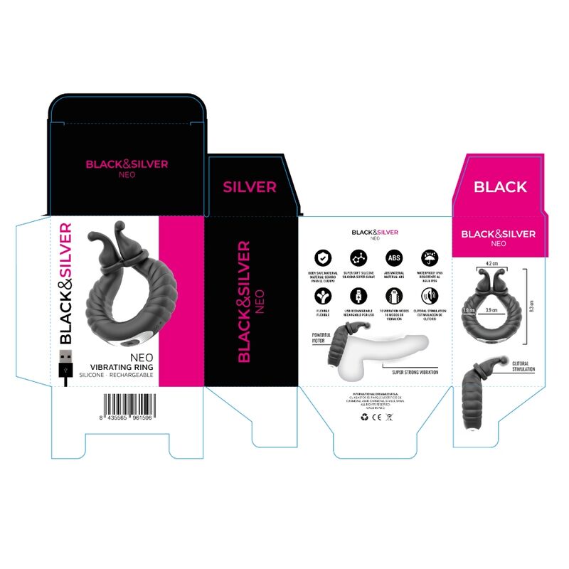 BLACK &amp; SILVER - ANNEAU VIBRANT RECHARGEABLE POUR COUPLES NEO NOIR