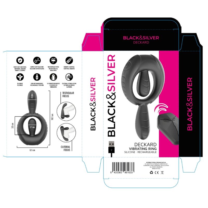 BLACK &amp; SILVER - ANNEAU VIBRANT RECHARGEABLE DECKARD AVEC TÉLÉCOMMANDE NOIR