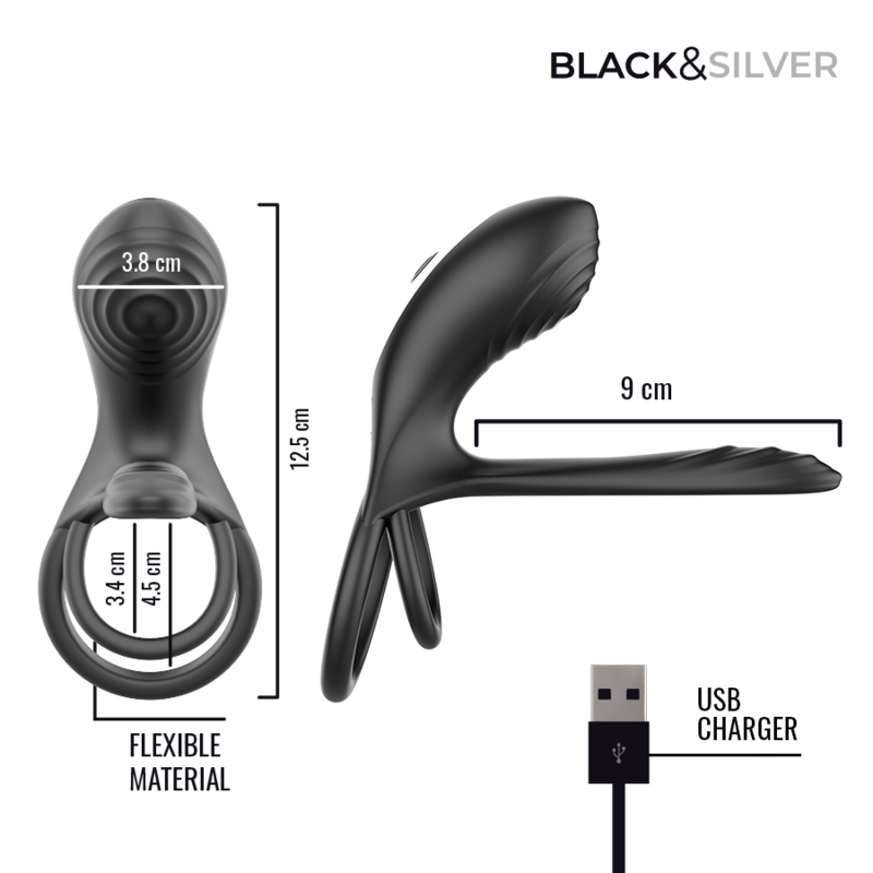 BLACK &amp; SILVER - RIPLEY ANNEAU VIBRANT RECHARGEABLE AVEC TÉLÉCOMMANDE NOIR