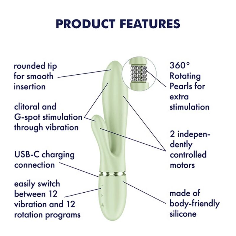 SATISFYER - VIBRATEUR LAPIN PEARL BUNNY 2 AVEC PERLES ROTATIVES VERT CLAIR